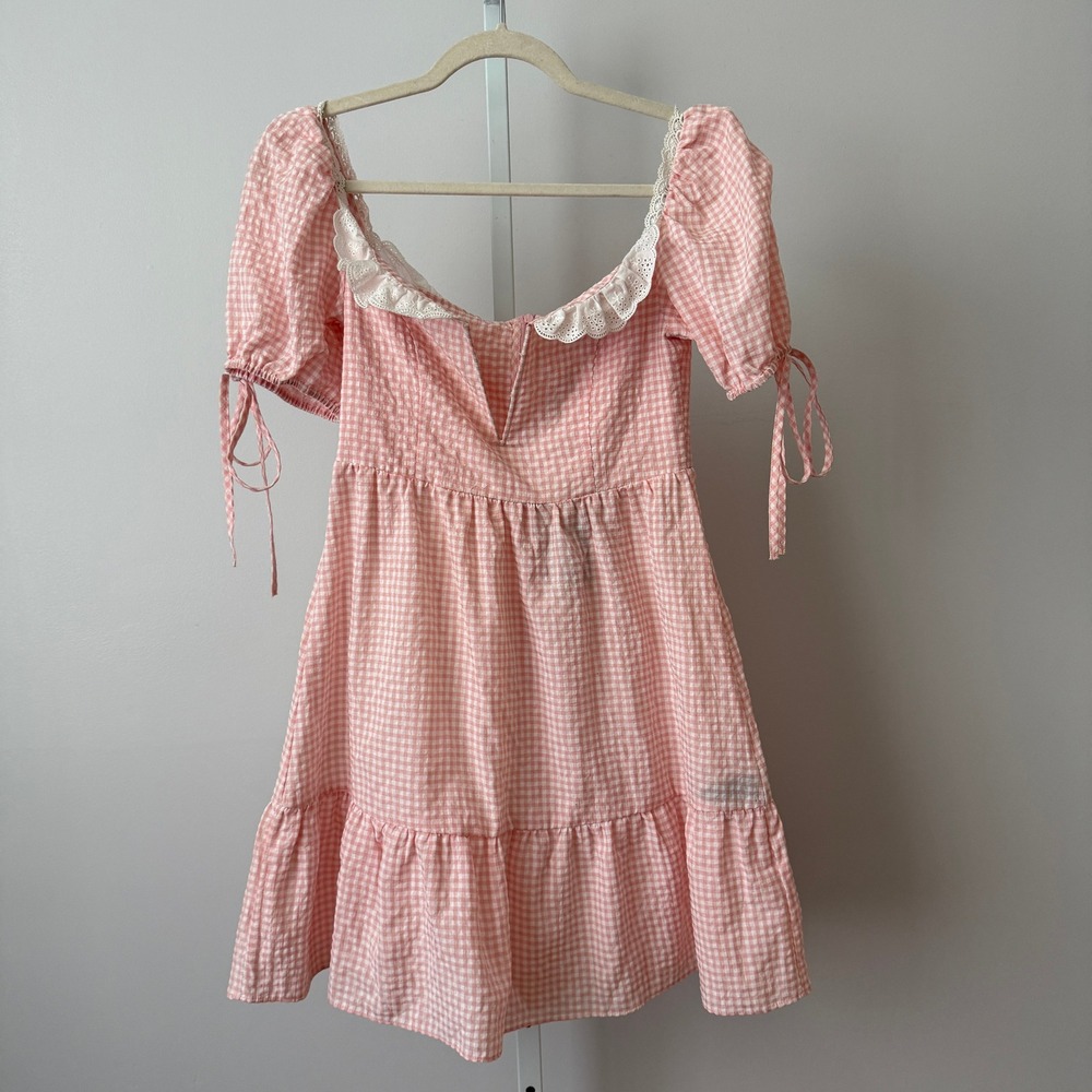 Serpenti S Pink Gingham Mini Dress Eyelet Lace‎ Trim Puff Sleeve Cottagecore NWT
